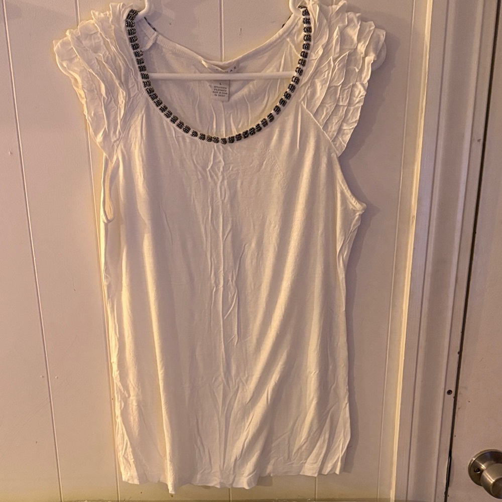 Kenar White Sleeveless Scoop Neck Tank with Beaded Trim